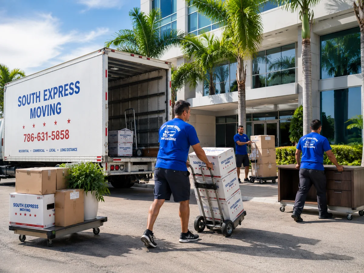 Visual ilustrativo de mudanza comercial con cajas, carretillas y camión de South Express Moving
