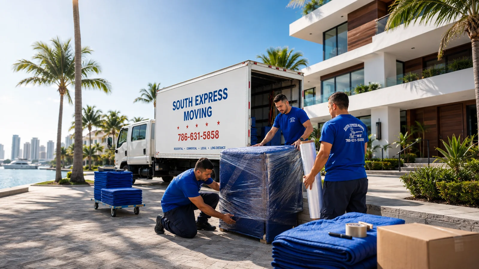Visual ilustrativo de South Express Moving mostrando protección profesional de muebles en Miami
