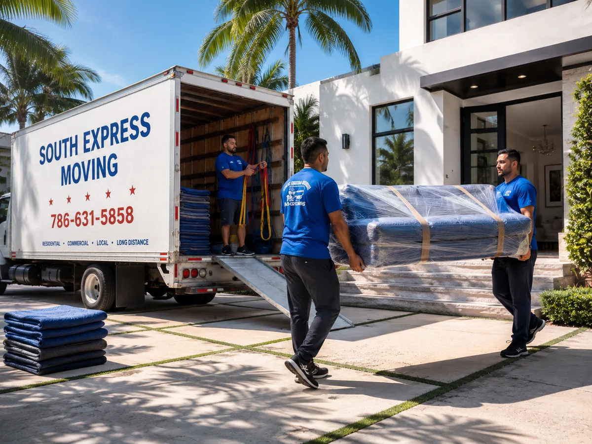 Visual ilustrativo de mudanza residencial con equipo de South Express Moving